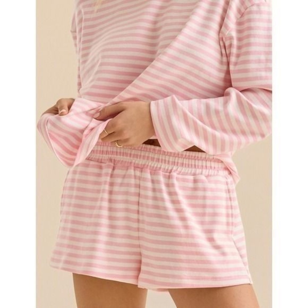 Altar'd State Pink Ivory Striped Lounge Shorts Elastic Waist Pockets Size 2XL